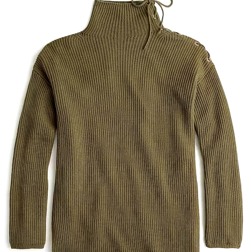 J Crew Olive green Ribbed tunic sweater with tie neck